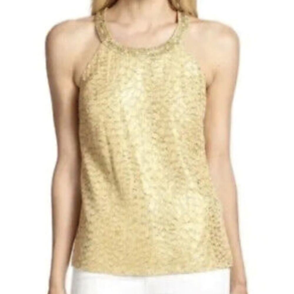 Lilly Pulitzer Corscia Metallic Gold Jacquard Silk Blend Beaded‎ Top Womens SZ M